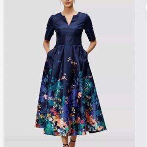 eShakti Placed Blue Floral Print Dupioni Dress Fit Flare Midi Maxi Size Small